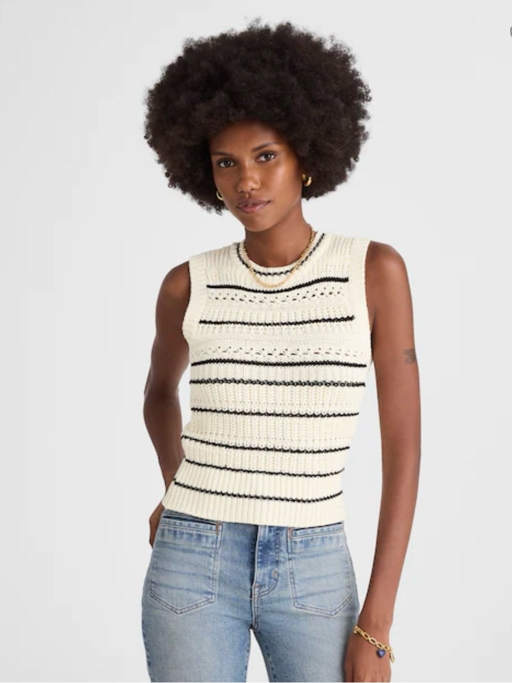 Sleeveless Cream Knit Top with Black Stripes - Women